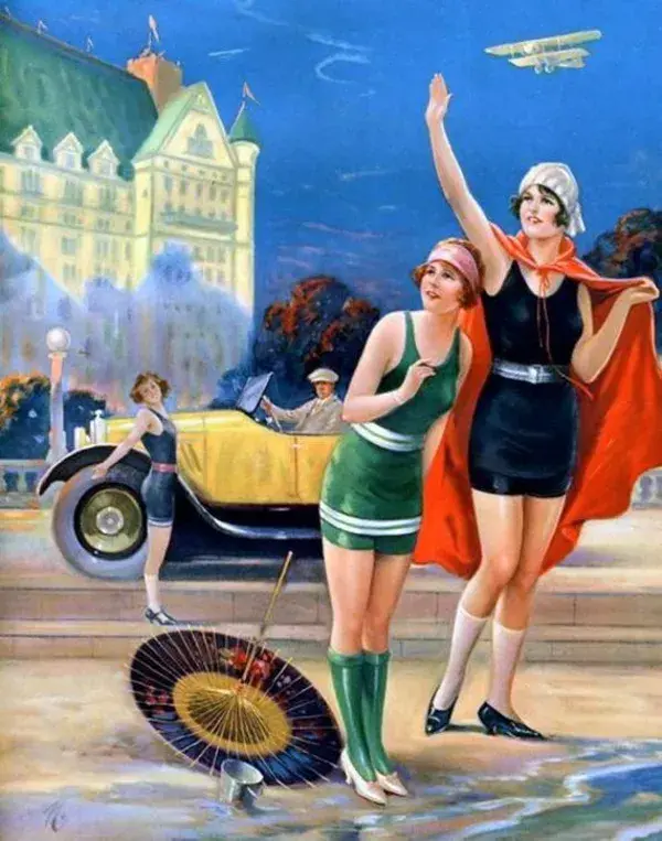 "late-1920s-pin-up illustration by Charles relyea, art deco era swimsuits, resort art, old cars,  11 x 14\"  premium Luster photo paper"