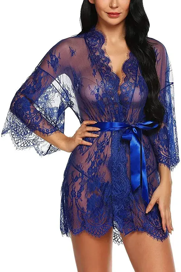 Women's Lace Kimono Robe Babydoll Lingerie Mesh Nightgown G-String

