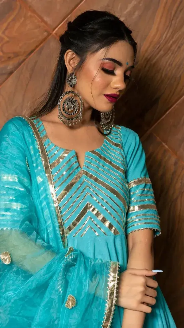 Solid Sky Blue Cotton Anarkali Suit Set