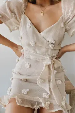 Charming Appeal Beige Pom Pom Puff Sleeve Mini Dress