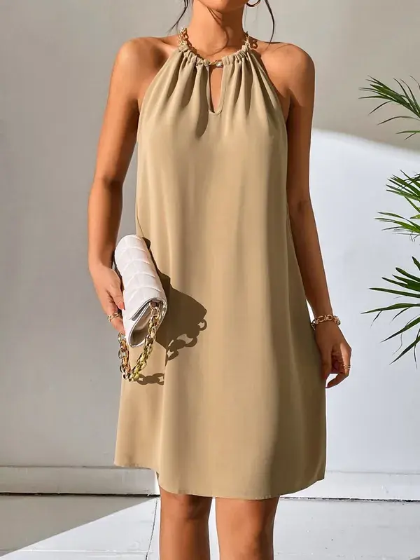 Solid Keyhole Neckline Tunic Dress