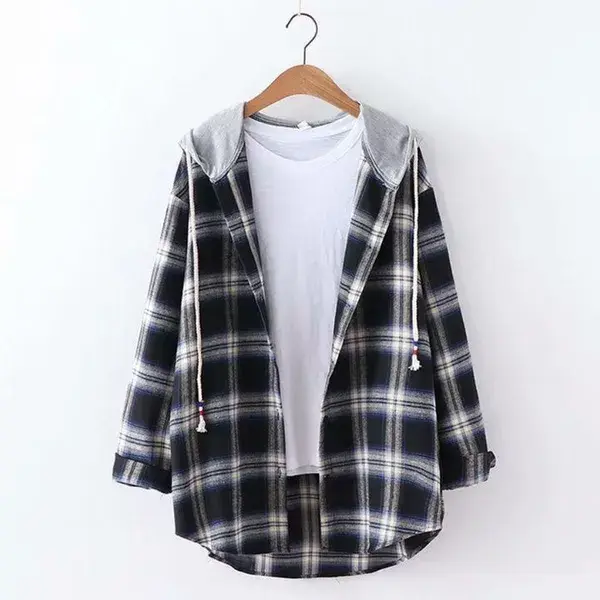 Goth Black Plaid Hooded Shirt with Drawstring -Tartan Cotton Hoodie | Cute Sweater Outfits for Teens