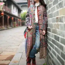 Women's Cotton Art Linen Folk Maxi Long Button Floral Loose Retro Dress Coat