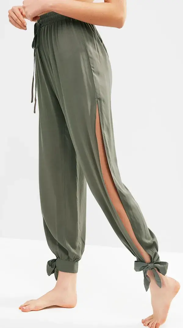 Cute Tie Ankle Split Pants tea green women summer pants