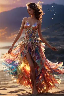 A Beautiful ethereal dancer wearing a multicoloured exploding dress of fragmented glass.