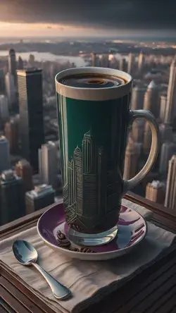 a hot coffee beverage at the top of a skyscraper, cyberpunk city