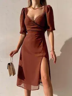 Solid Color V-neck Puff Sleeve Split Dress - Brown / S