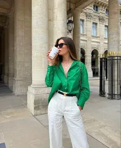 Elegant green oversized shirt outfit.