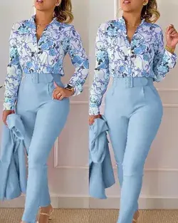 BAROQUE FLORAL PRINT SHIRT AND HIGH WAISTED PANTS SET