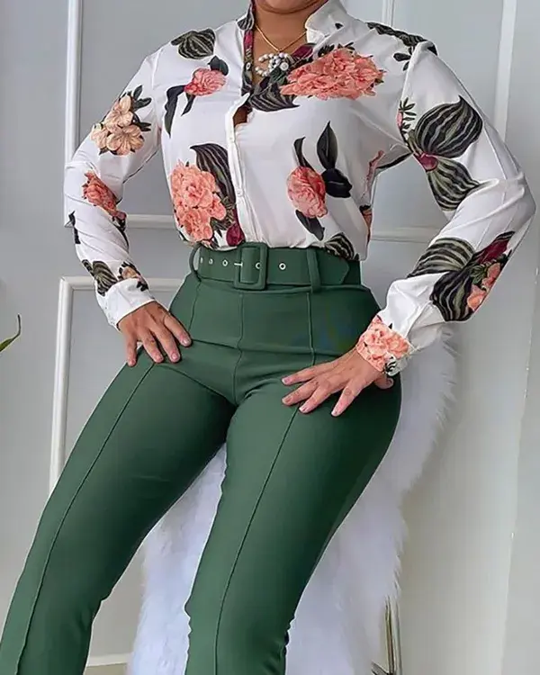 Spring New Printed Shirts Solid Color Trousers Suits Stand Collar Long Sleeved Shirts Tops Wide Leg Pants Two Piece Set - Black / XL / United States