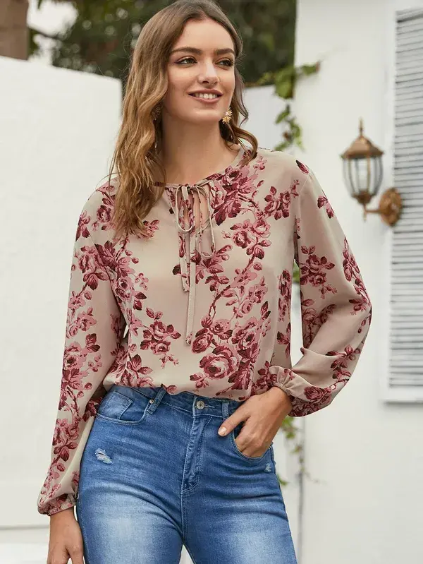 Floral Print Tie Neck Blouse