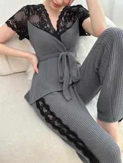 Lace Panel Belted PJ Set