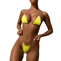 Summer 2023 Swimsuit Solid Color Bikini Set Women Swimwear Sexy Biquini Bathing Suit Brazilian Female Bikinis String Beach Wear Yellow-L