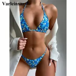 10.22US $ 22% OFF|New Blue Floral Printed Halter Bikini Female Swimsuit Women Swimwear Two pieces Bi