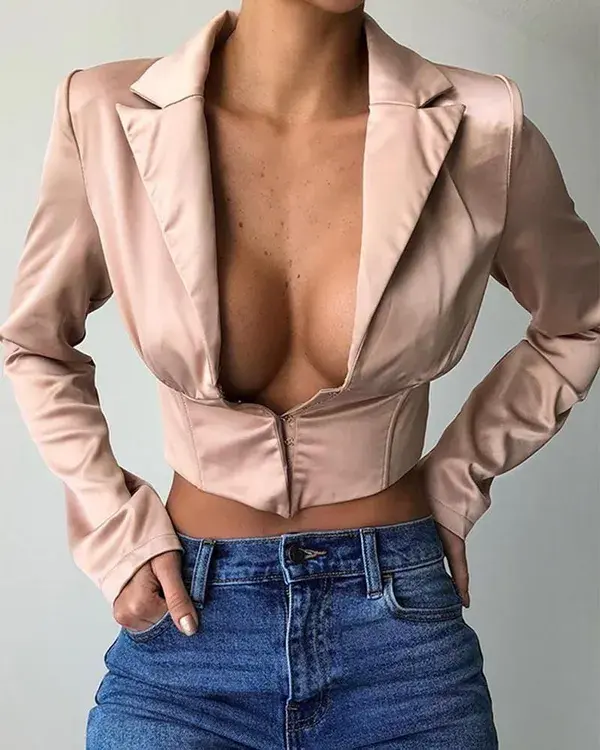 Solid Deep V Button Front Top - pink / L