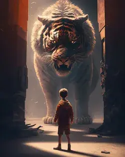 Wild tiger with little boy