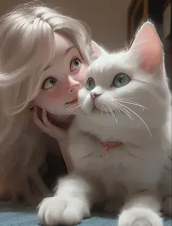 Cute Girl with her Cat, Art , Illustration Art