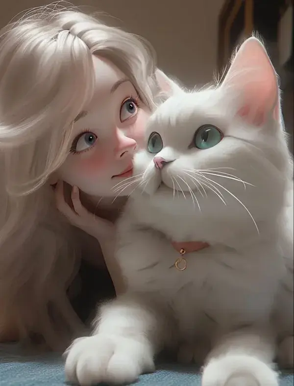 Cute Girl with her Cat, Art , Illustration Art