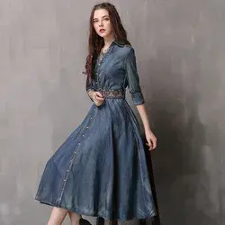 Blue vintage long sleeve denim embroidery dress plus size, blue loose embroidery denim dress, boho denim dress, women's denim maxi dress