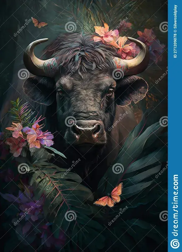 Portrait of an African buffalo among roses, palm leaves and plants tropical