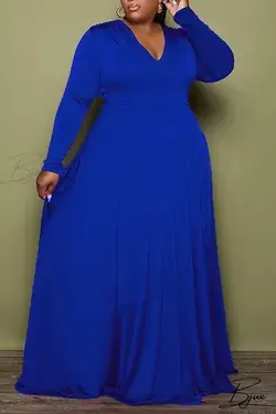Bjux - Deep Blue Casual Elegant Solid Patchwork V Neck A Line Plus Size Dresses - Deep Blue / L