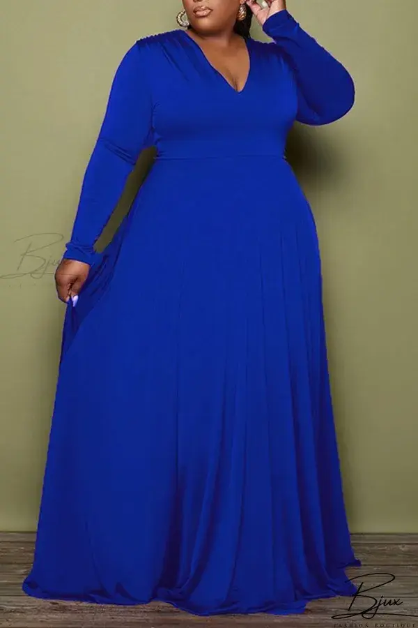 Bjux - Deep Blue Casual Elegant Solid Patchwork V Neck A Line Plus Size Dresses - Deep Blue / L