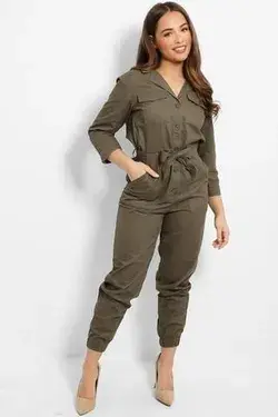 Women's Khaki Buttons Front Self-Belt Skinny Fit Denim Jumpsuit