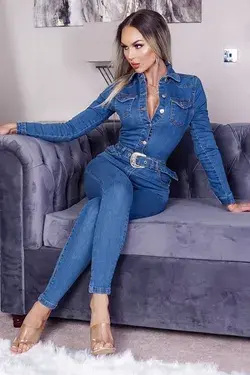 Figurbetonender Damen Langarm Jeans Overall mit Gürtel Blau