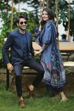 Durefishan and Affan Waheed Beautiful Pictures Blue Dress Shalwar Kameez 