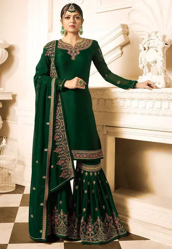 Embroidered Satin Georgette Pakistani Suit in Dark Green