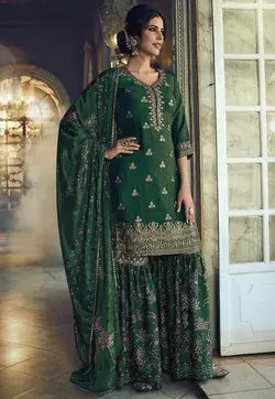 Embroidered Art Silk Jacquard Pakistani Suit in Dark Green
