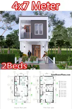 Small House Design 4x7 Meter (56sqm) 2 Bedrooms 3d Pdf plan