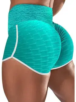 Bubble Texture High Waist Contrast Binding Butt Lifting Yoga Shorts - Blue / S