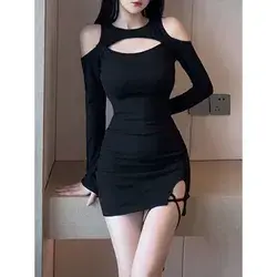 Women Mini Dress Lace Up Bandage Autumn Slim Long Sleeve Short Dresses Hot Sexy Hollow Out Elegant Vestidos Clothes 2022 платье - Black / One Size