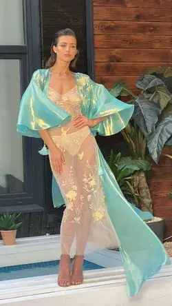 Blue Silk Set of Shiny Robe and Sheer Nude Nightgown Apilat