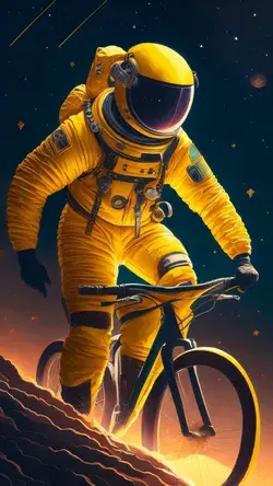 H&R A.I | A man in a space suit riding a bicycle on the edge of a space station