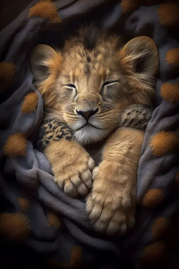 Fluffy lion cub sleeping between blankets🫶