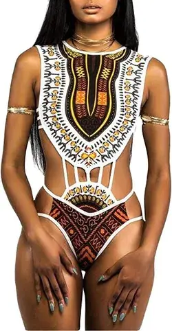 Women's Tribal Print Swimsuit Bikini African Metallic Swimwear White