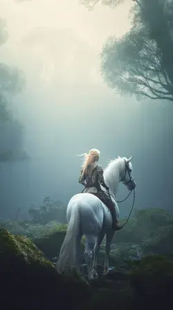 Enchanted Forest. A Woman on White Horse. Fantasy World. AI Art. Phone Wallpapers.