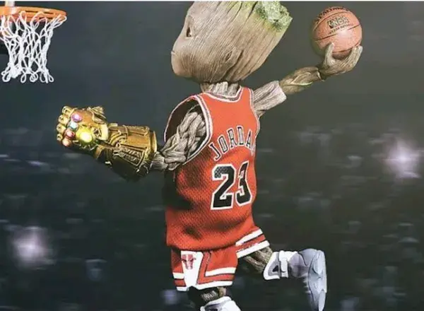 Groot dunking in a michael jordan jersey