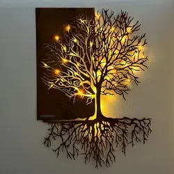 Metalen cortenstalen wanddecoratie ‘Boom met wortels’ met led licht walldecoration light