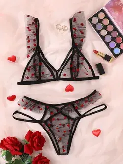 Heart Pattern Mesh Lingerie Set