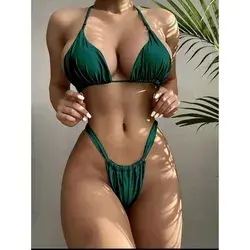 2022 Push Up Sexy Bikinis Women Solid Swimwear Triangle Bikini Set Female Pleated Swimsuit Brazilian Bathing Suits Beach Wear - Dark Green / L