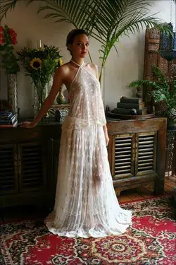 Bridal Embroidered Halter Top and Skirt Set Beach Wedding Lingerie Lace Sleepwear Honeymoon Sleepwea