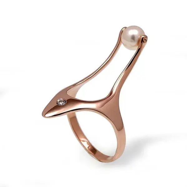 HORUS Unique Pearl Ring with Diamond, 14k Rose Gold Pearl Ring, Gold Egyptian Ring, Pearl Engagement