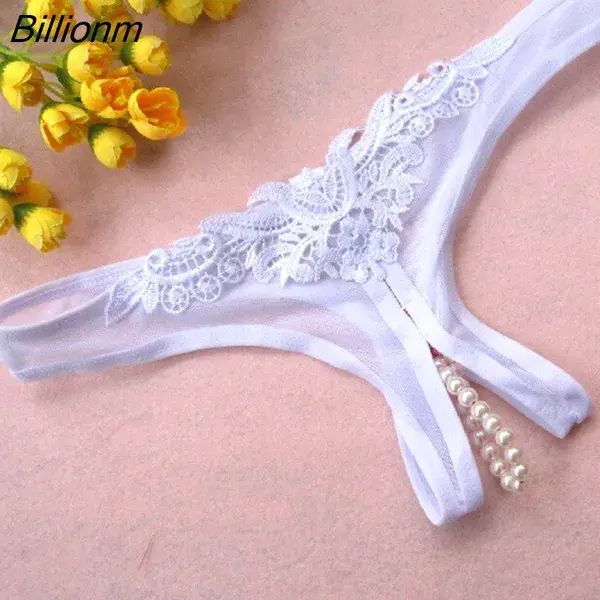 Billionm Panties Pearls Tangas Women's Sexy Thongs Briefs Low Waist Transparent Panties T-back Underwear Female G-Strings Lingerie 304-0 White