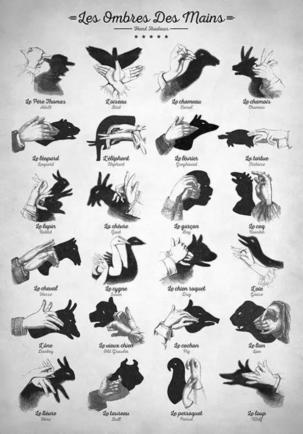 Hand Shadows - Ombromanie illustrations - Shadowgraphy - Shadow Puppet Print - Nursery art - Kids Room Decor - Finger Shadow Puppet Art