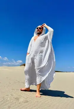 Mens caftan with HOOD /  lightweight seersucker authentic CAFTAN for men /  greek style kaftan / loose kaftan blue and white striped