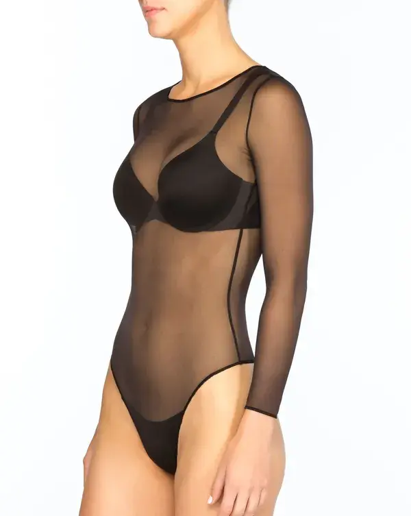 Smoothing Mesh Thong Bodysuit - Very Black / XS