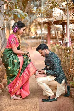 Adorable Maharashtrian Couple Engagement Outfit.